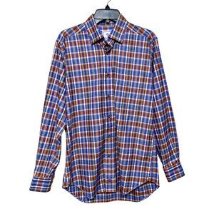 David Donahue Mens Blue/Orange Plaid 100% Cotton Long-Sleeve‎ Button-Down Size M